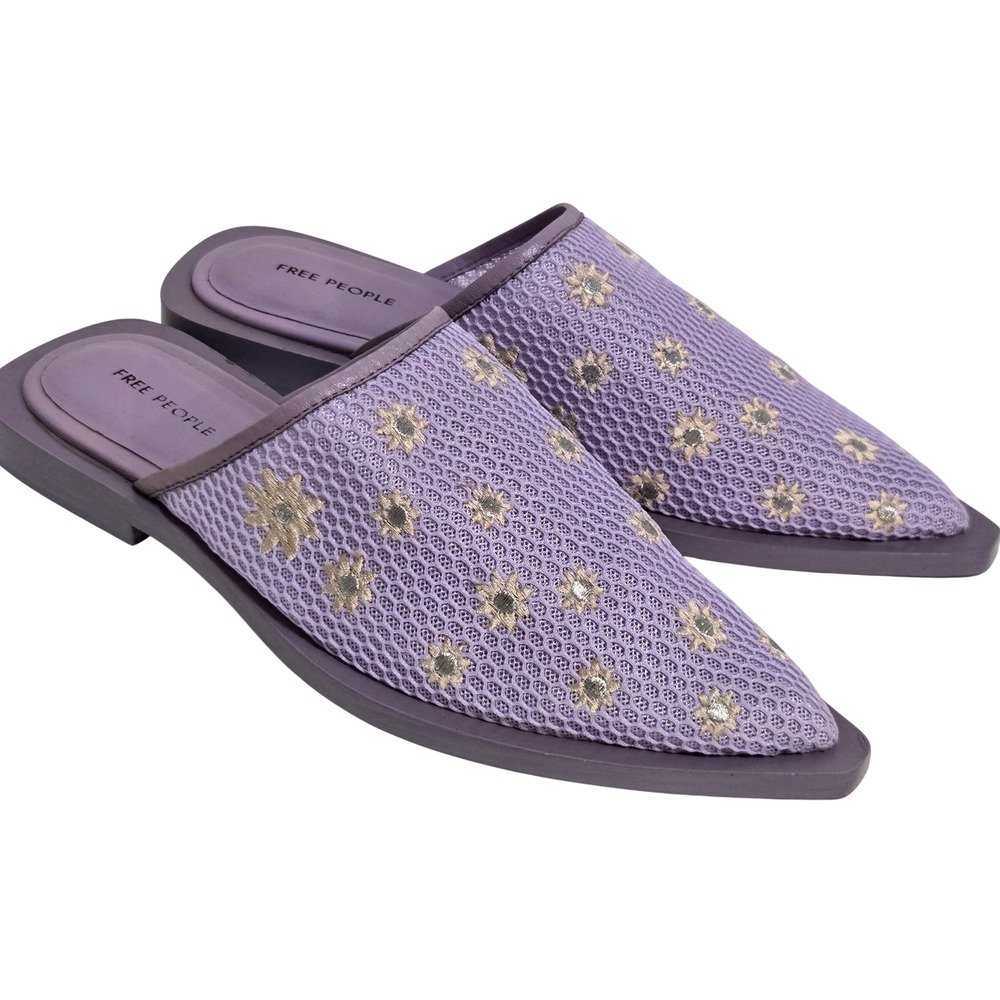 Free People Mesh Mules Becky Daisy 8 Purple Floral Embroidered Pointed Toe Slide